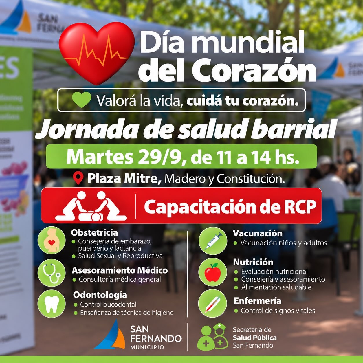 Jornada de salud barrial por el Día Mundial del Corazón. Martes 29/9, de 11 a 14 hs. Plaza Mitre, Madero y Constitución.
